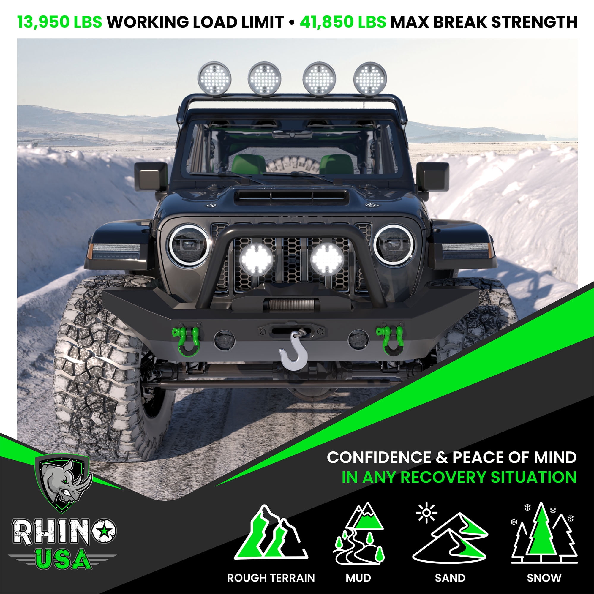 Rhino USA D Ring Shackle - 41,850lb Break Strength - Heavy Duty 3/4" Clevis Shackle w/ 7/8 Pin, Green 2pc