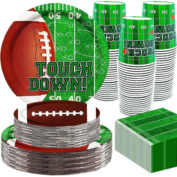 100-Piece Football Party Tableware Set - Serves 25 Guests, Includes Dinner Plates, Dessert Plates, Napkins, Forks & Cups - Disposable Game Day, Tailgate, Birthday Party Decorations
