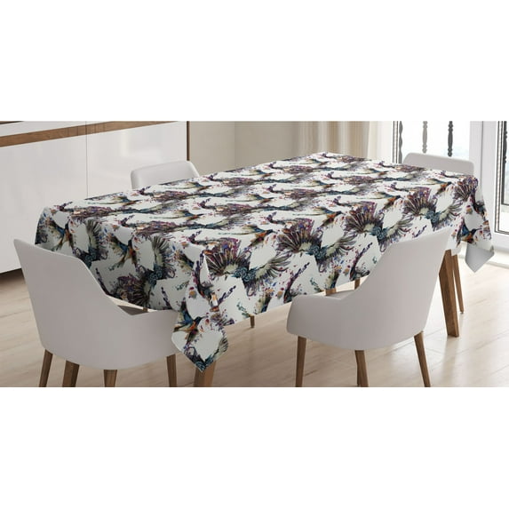 Watercolor Tablecloth, Lilly Flower Pattern with Flying Birds Fauna and Flora Abstract Animal Imagery, Rectangle Satin Table Cover for Dining Room and Kitchen, 60" X 90", Multicolor, by Ambesonne