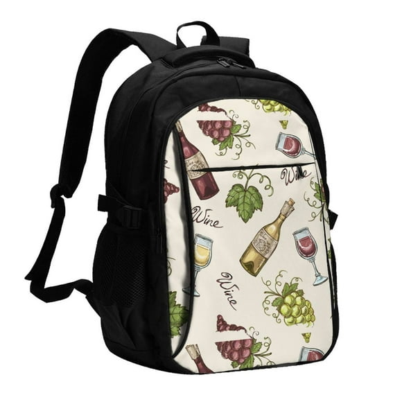 Sikiie Grapes Bbottles Wine Print USB Travel Backpack, Multi-pocket Laptop Bag with USB Charging Port, Suitable for School, Work and Outing, Unisex