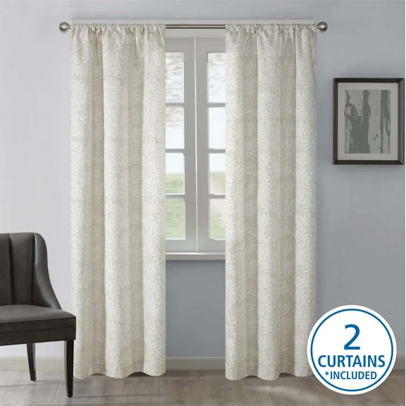 Mainstays Jacquard Blackout Panel Pair, Set of 2 Curtains, Beige Botanical, 37" W x 84" L
