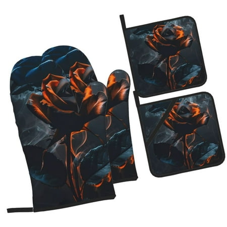 

Haiem Blue and Red Roses Artwork Print Extra Long Oven Mitts and Pot Holders 4pc Sets: Heat Resistant Silicone Oven Mittens with Mini Oven Gloves and Hot Pads Potholders