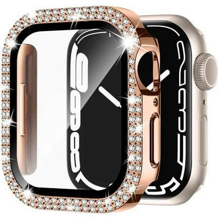 Apple Watch Case Series 8, Series 7 for 41mm Diamond Glitter Watch Case Built-in Tempered Glass Screen Protector, Guard Bumper Full Coverage Cover for Apple Watch Series 8 and Series 7, Rose 41mm