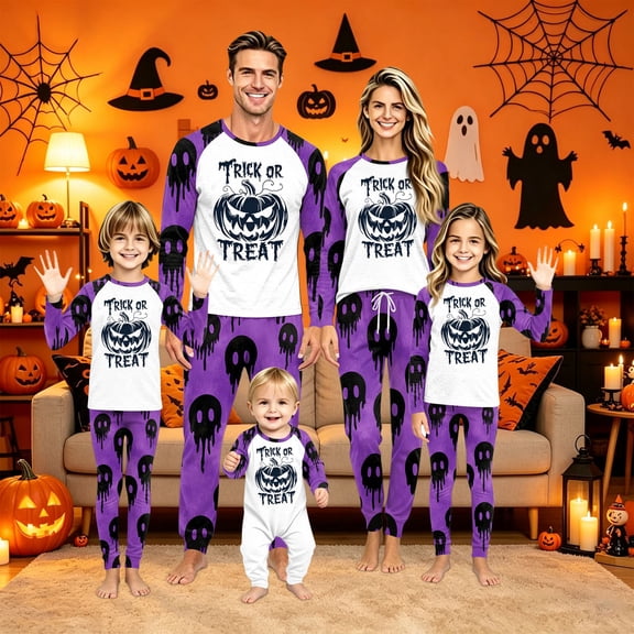 HTHLVMD Family Matching Pajamas, Family Halloween Pajamas Matching Sets, Halloween Costume Pajamas Light Purple Full Pumpkin Print Long Sleeve 2 Piece Pj Set Pastel Sleepwear Cosplay Family Photos