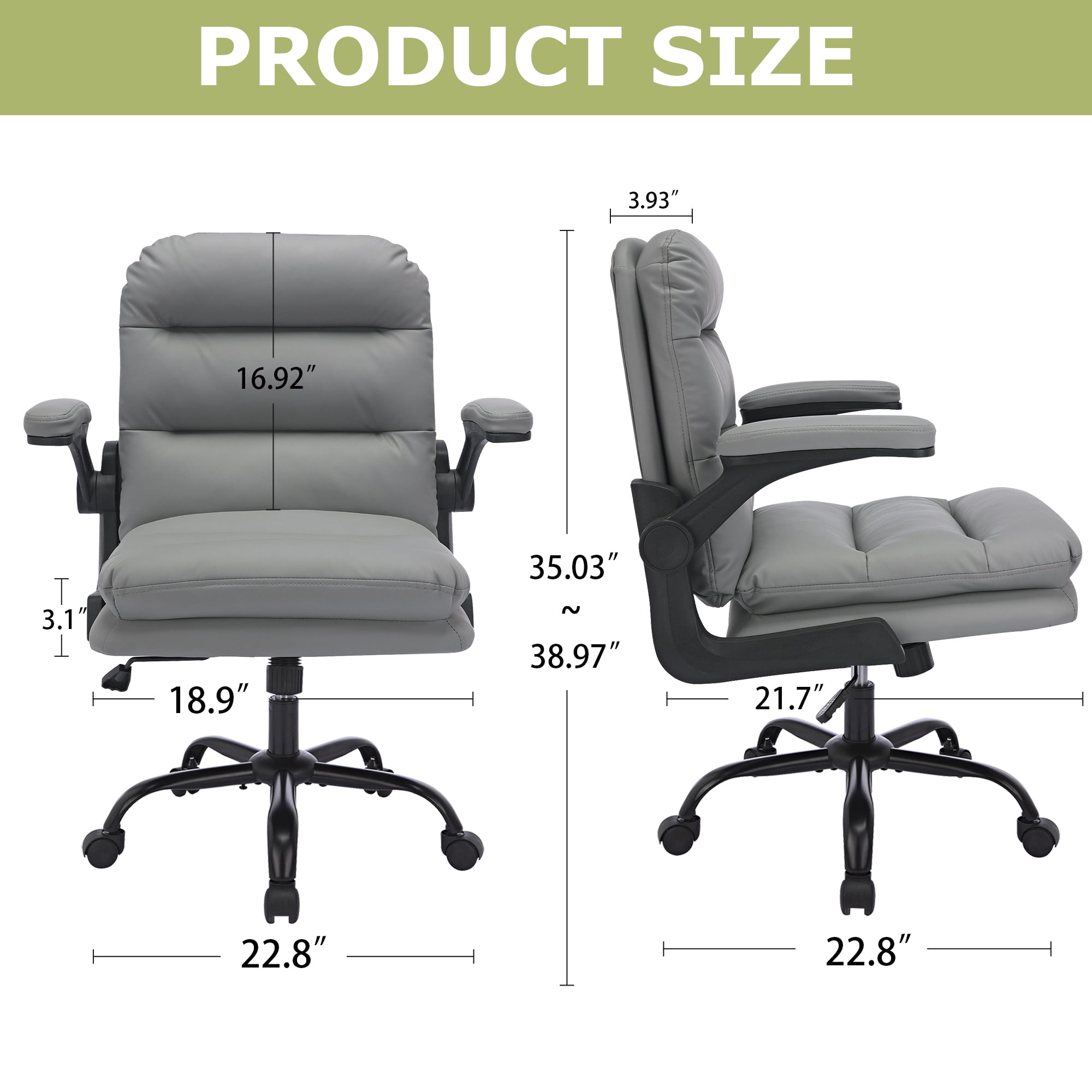 VECELO Ergonomic Office Chair, PU Leather Thick Padding Swivel Executive Computer Desk Chair With Upholstered Flip-Up Arms, Gray