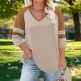 thumbnail image 2 of Qiopertar Plus Size Color Block V-Neck 3/4 Sleeve Tops for Women Loose Casual Fashion T-Shirts Relaxed Oversized Tees, Khaki XXL, 2 of 6