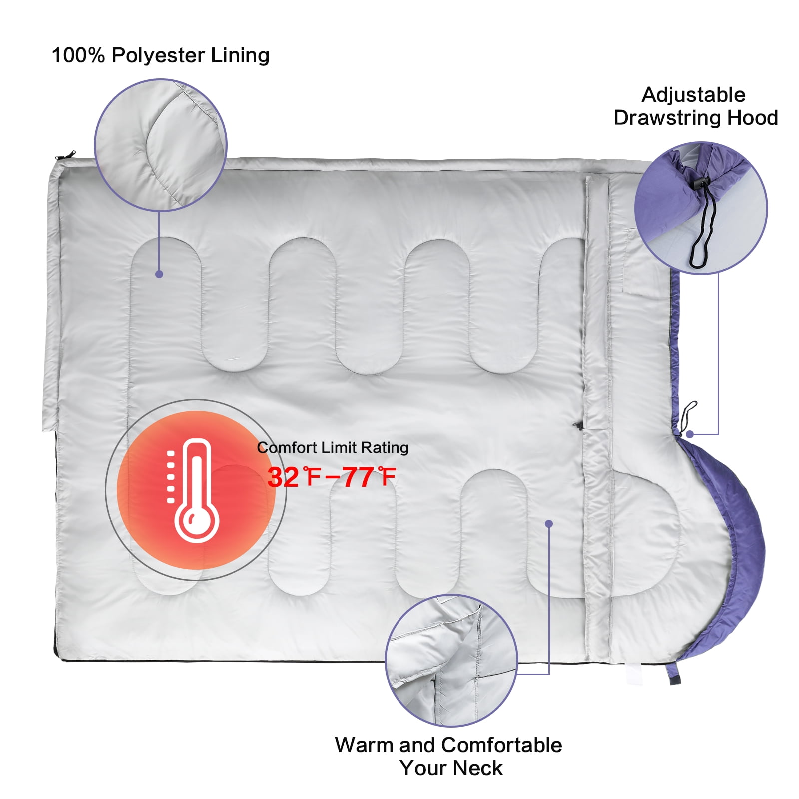 FAIRYLAND Single,purple,sleeping bag,adult sleeping bag,camping,hiking,waterproof,outdoor travel,for 32℉.