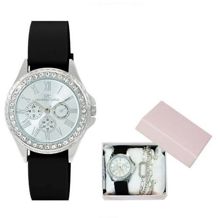 38mm Montres Carlo Women's Fashion Silicone Band Dress Watch Bracelet Gift Set (Silver/Black)