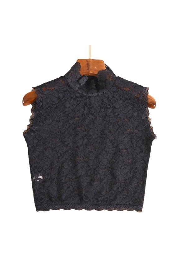 Women Decorative Floral Lace Faux Collar Stand Collar Scalloped Trim Sleeveless Vest Mock Neck Dickey Pullover Half Shirt Sweater Crop Top