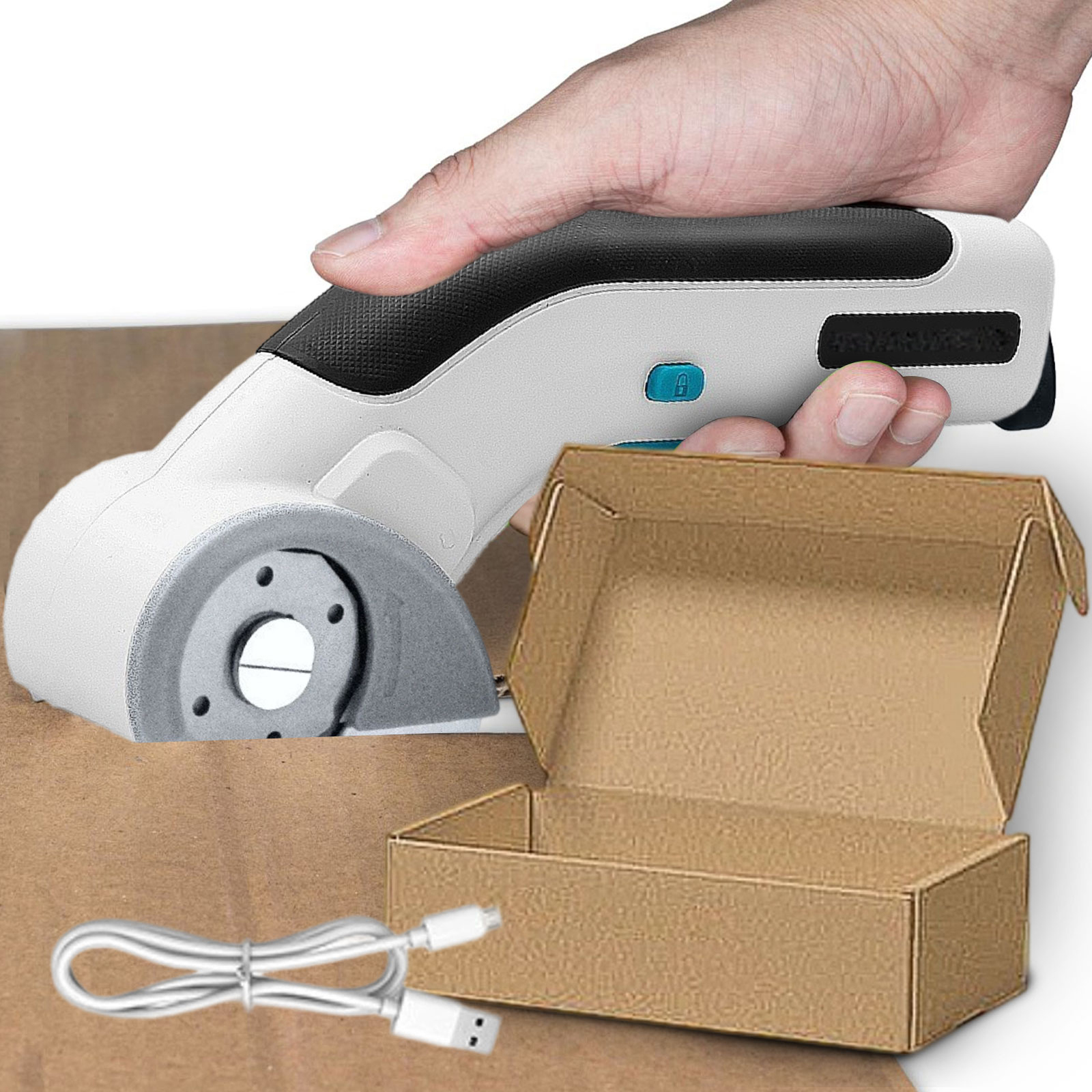 Electric Box Cutter, Cordless Electric Scissors With Safety Lock, USB Rechargeable Cardboard Cutter for Packages Leather Plastic（White）