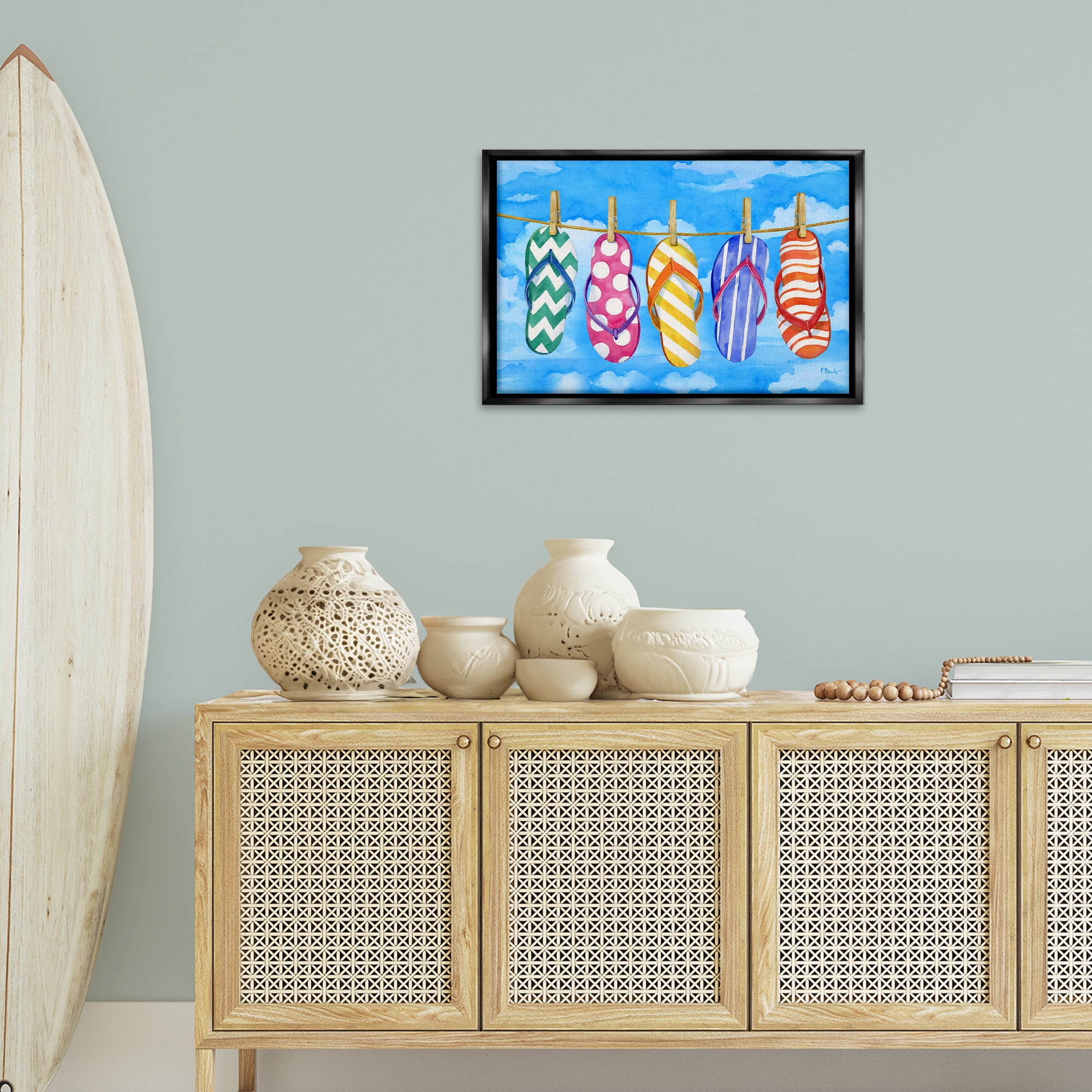 Stupell Industries Flip Flops on Clothesline Beauty & Fashion Painting Black Floater Framed Canvas Art Print Wall Art, 25 x 17