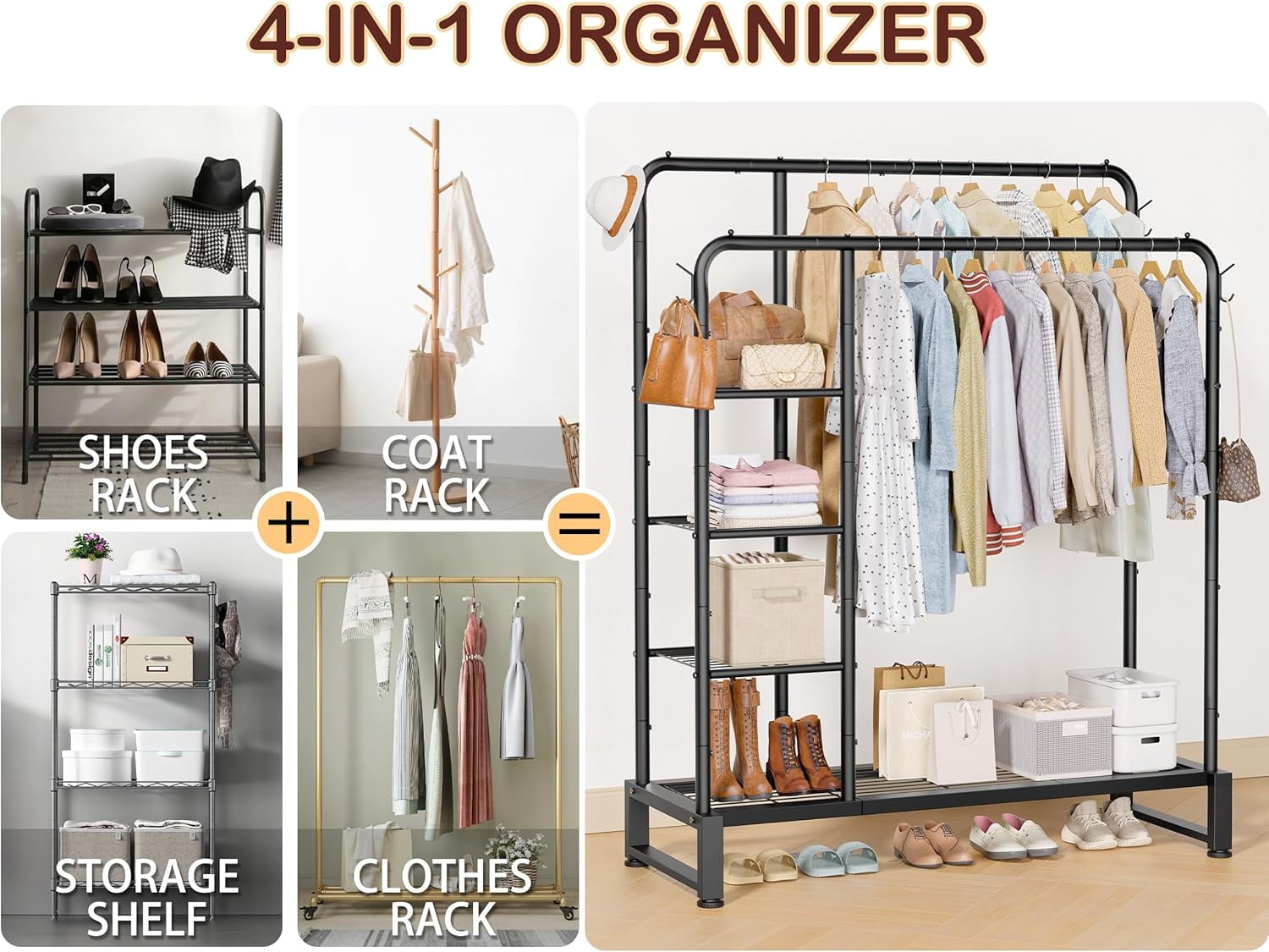Double Rods Clothes Rack Clothing Rack with  Storage Shelves Clothes Rack for Hanging Clothes Multifunctional Heavy Duty Clothes Organizer with Hooks for Bedroom,Wardrobe Closet,Shop