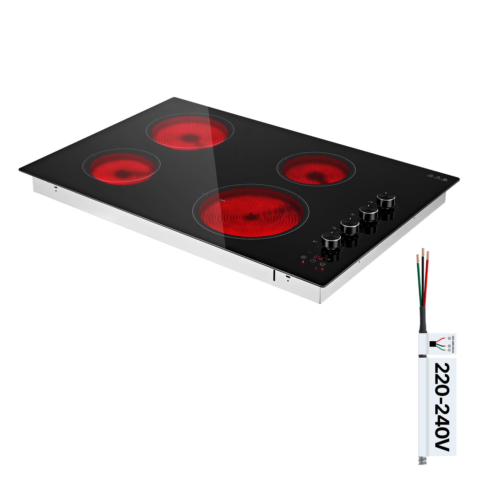 KFFKFF 30-Inch Electric Cooktop, 4-Burner Built-in Ceramic Stove, 6700W, 220V, No Plug, Features 11 Power Levels, Timer, Child Safety Lock, Overheat Protection, and Dual Knob/Touch Controls
