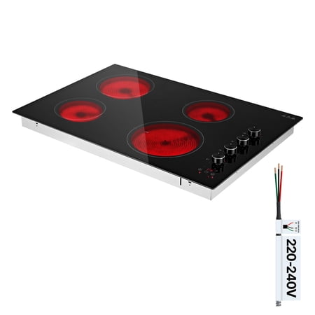 KFFKFF 30-Inch Electric Cooktop, 4-Burner Built-in Ceramic Stove, 6700W, 220V, No Plug, Features 11 Power Levels, Timer, Child Safety Lock, Overheat Protection, and Dual Knob/Touch Controls