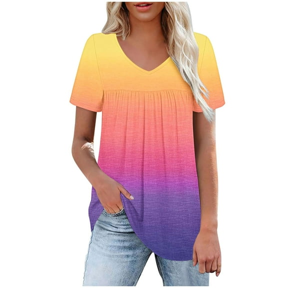 Brglopf Womens T Shirts Short Sleeve Pleated Dressy Casual V Neck Summer Tops Blouses Gradient Loose Flowy Tunic Tees(Yellow,L)