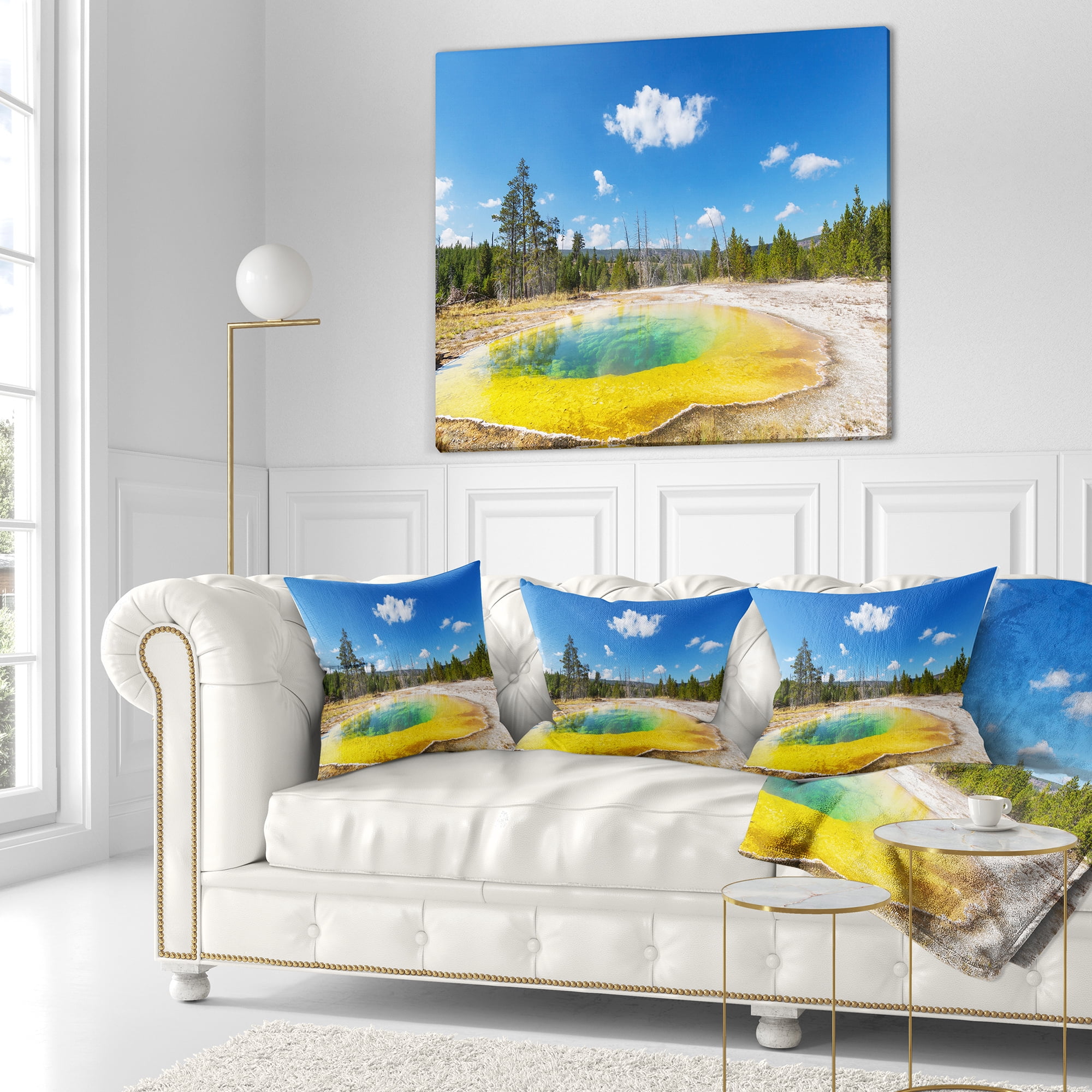 Designart Morning Glory Pool with Bright Sky - Landscape Photography Throw Pillow - 16x16