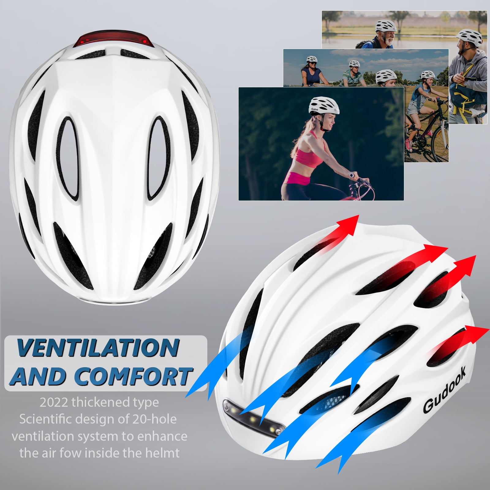 GUDOOK Bike Helmet Adult Bike Helmets for Men/Women:  USB Rechargeable LED Front and Rear Lights for Cycling Urban Commuter Skateboard