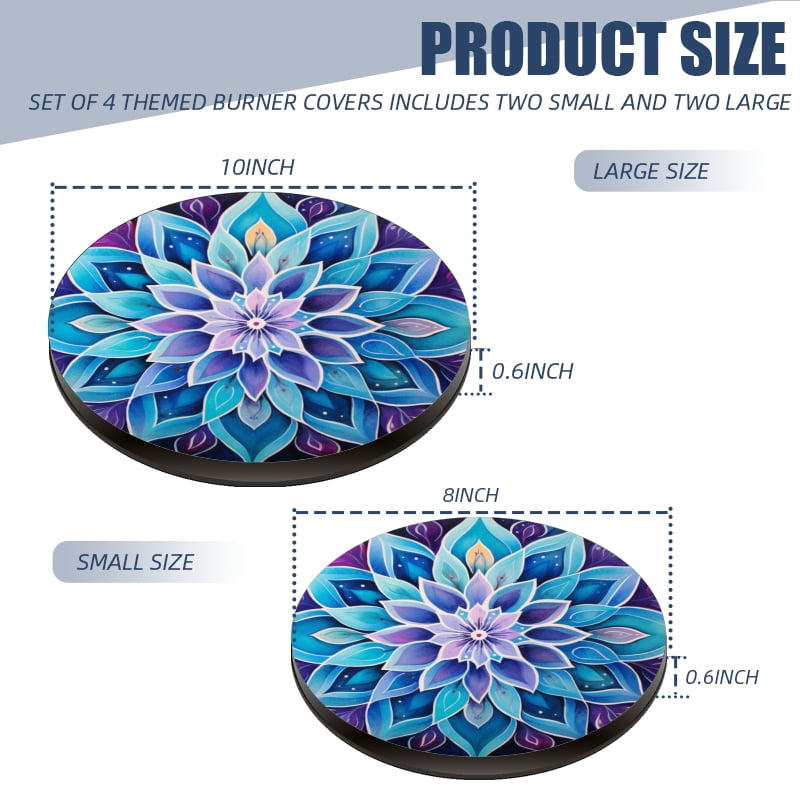 Round Burner Covers for Electric Stove, Blue Purple Mandala Lotus Flower Decorative Metal Stove Burner Cover Kits Set of 4 for Kitchen, 8 Inches and 10 Inches