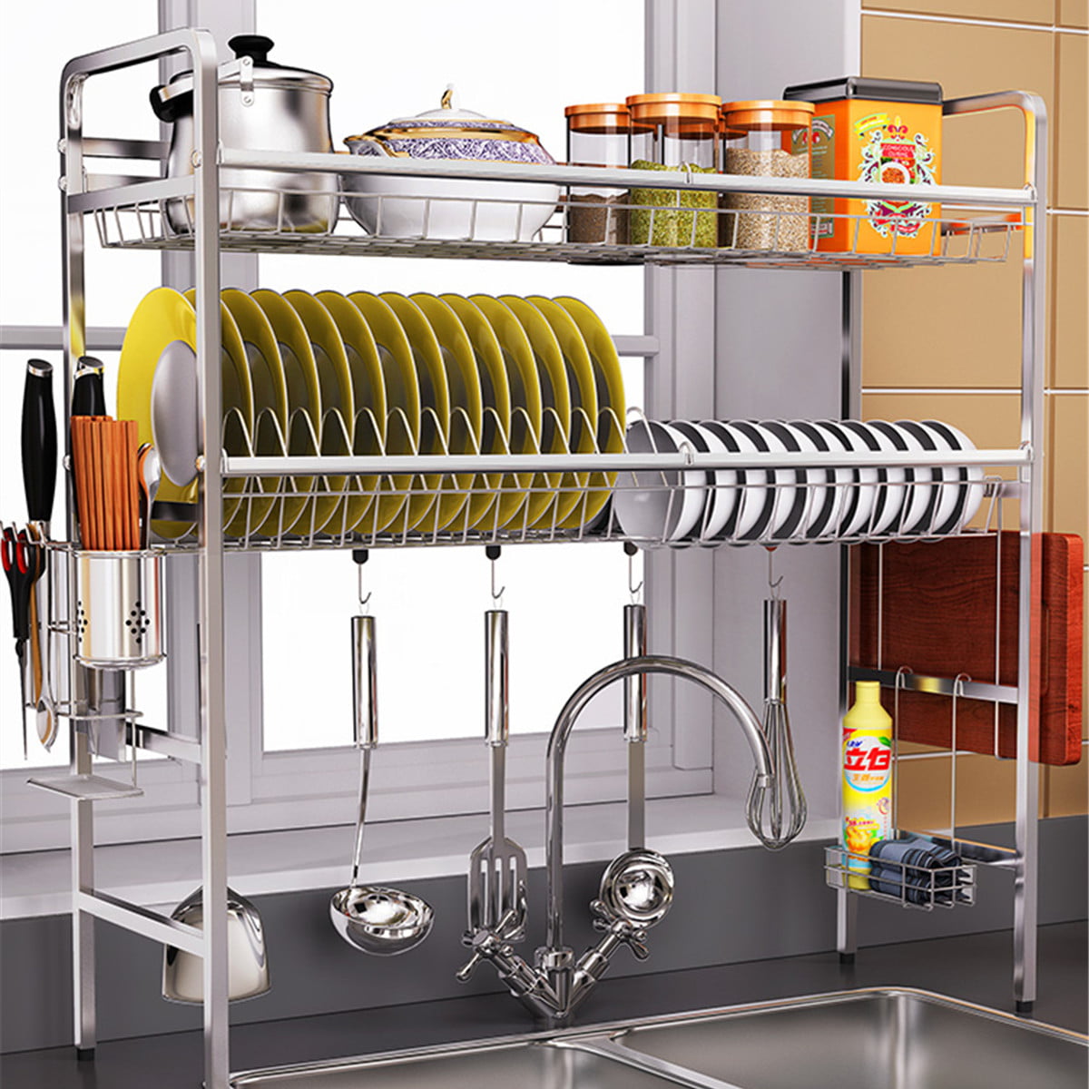 304 Stainless Steel 2 Tier Dish Drying Rack Over Sink Drainer Shelf Storage Rack Kitchen Cutlery