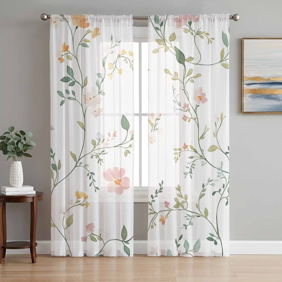 Watercolor Wildflowers Sheer Curtains 84 Inch Length 2 Panels Set, Spring Botanical Branches Floral Voile Window Treatment Rod Pocket Curtains Sheers Drapes for Bedroom/Living Room/Kitchen 52"x84"x2