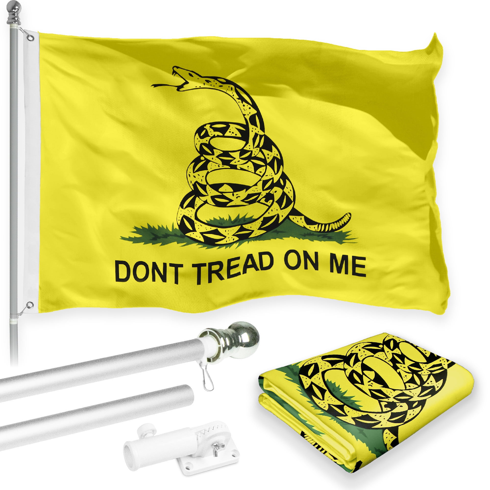 Yellow Gadsden 3 x 5 FT Flag Bracket 6 Ft Silver Spinning Tangle Free Pole 