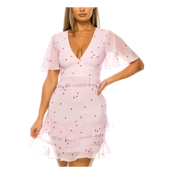 B DARLIN Womens Pink Sheer Zippered Ruffled Lined Fitted Printed Flutter Sleeve V Neck Short Party A-Line Dress 13\14