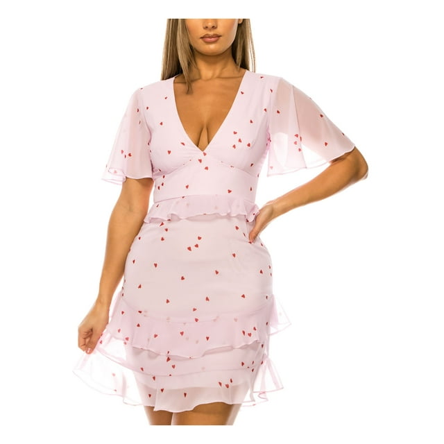 B DARLIN Womens Pink Sheer Zippered Ruffled Lined Fitted Printed Flutter Sleeve V Neck Short Party A-Line Dress 13\14