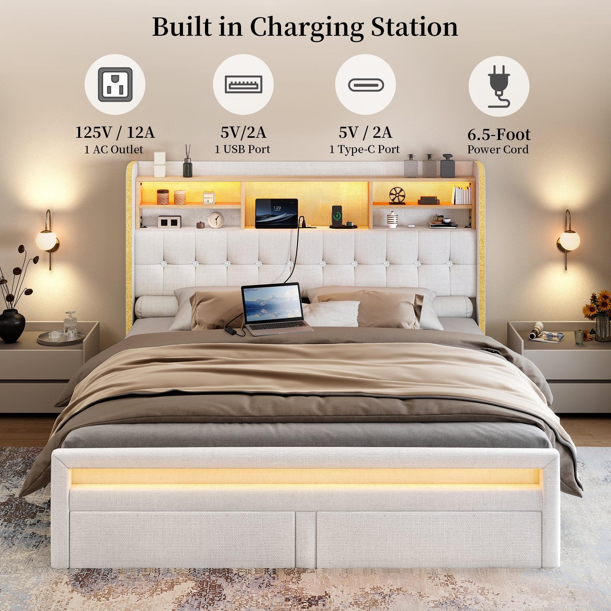 SIBEDS LED Bed Frame with 2 Storage Drawers and Linen Natural Upholstered Wingback Headboard, Queen