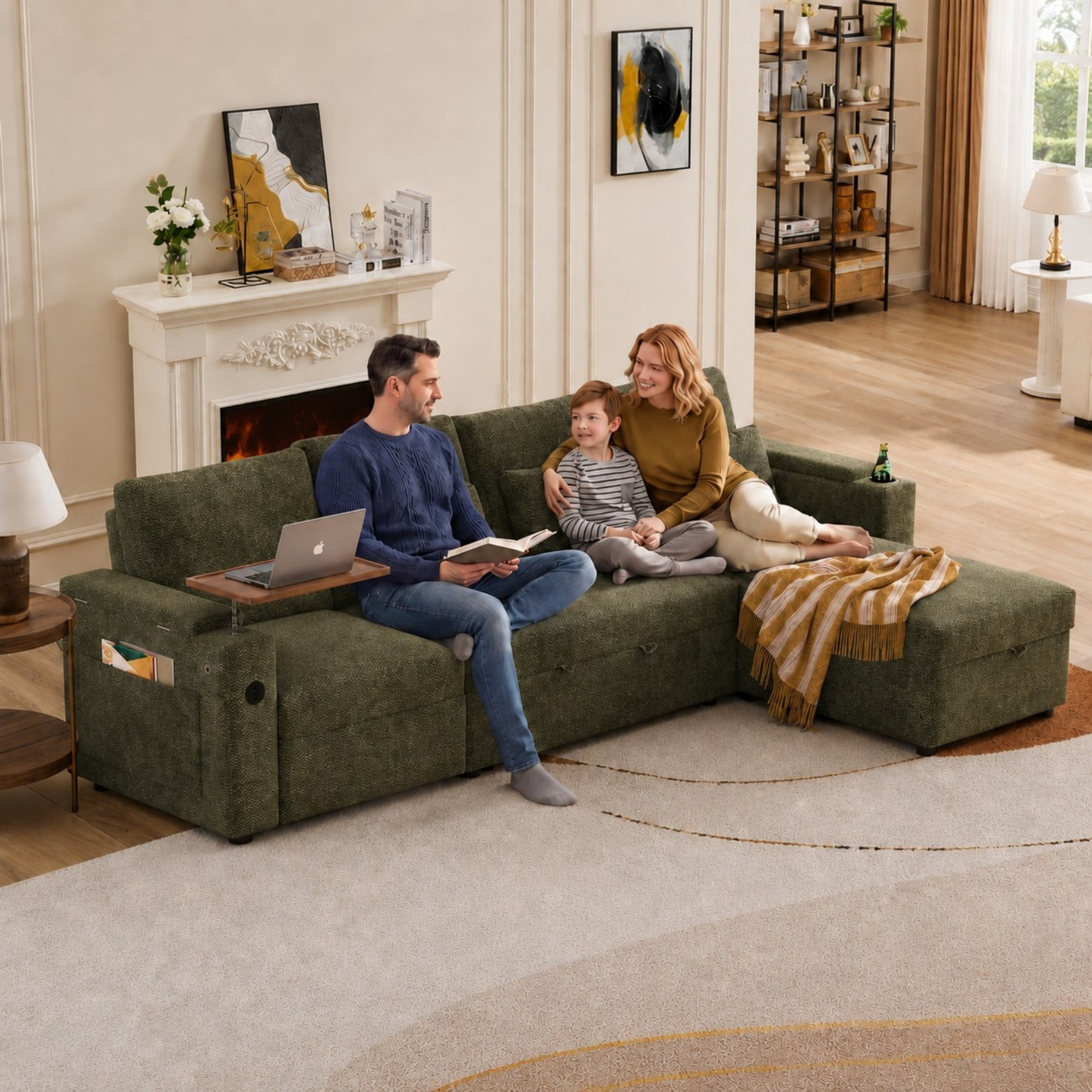 DEALTOPS 108" Chenille L-Shaped Pull Out Sleeper Sofa Bed with Recliner, Storage Chaise & USB Ports, Green
