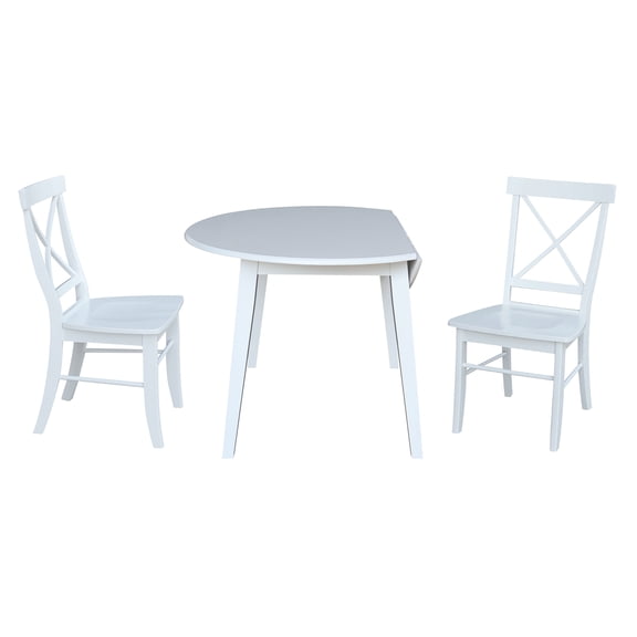 42" Round Solid Wood Dual Drop Leaf Table with 2 Chairs in White
