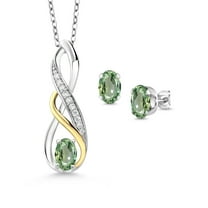 Gem Stone King 1.72 Ct Green Sapphire E-F Lab Grown Diamond 925 Silver and 10K Yellow Gold Pendant and Earrings Jewelry Set