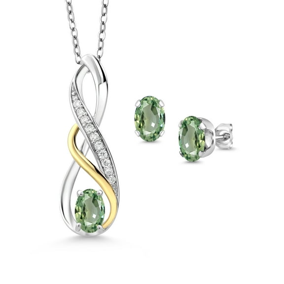 Gem Stone King 1.72 Ct Green Sapphire E-F Lab Grown Diamond 925 Silver and 10K Yellow Gold Pendant and Earrings Jewelry Set