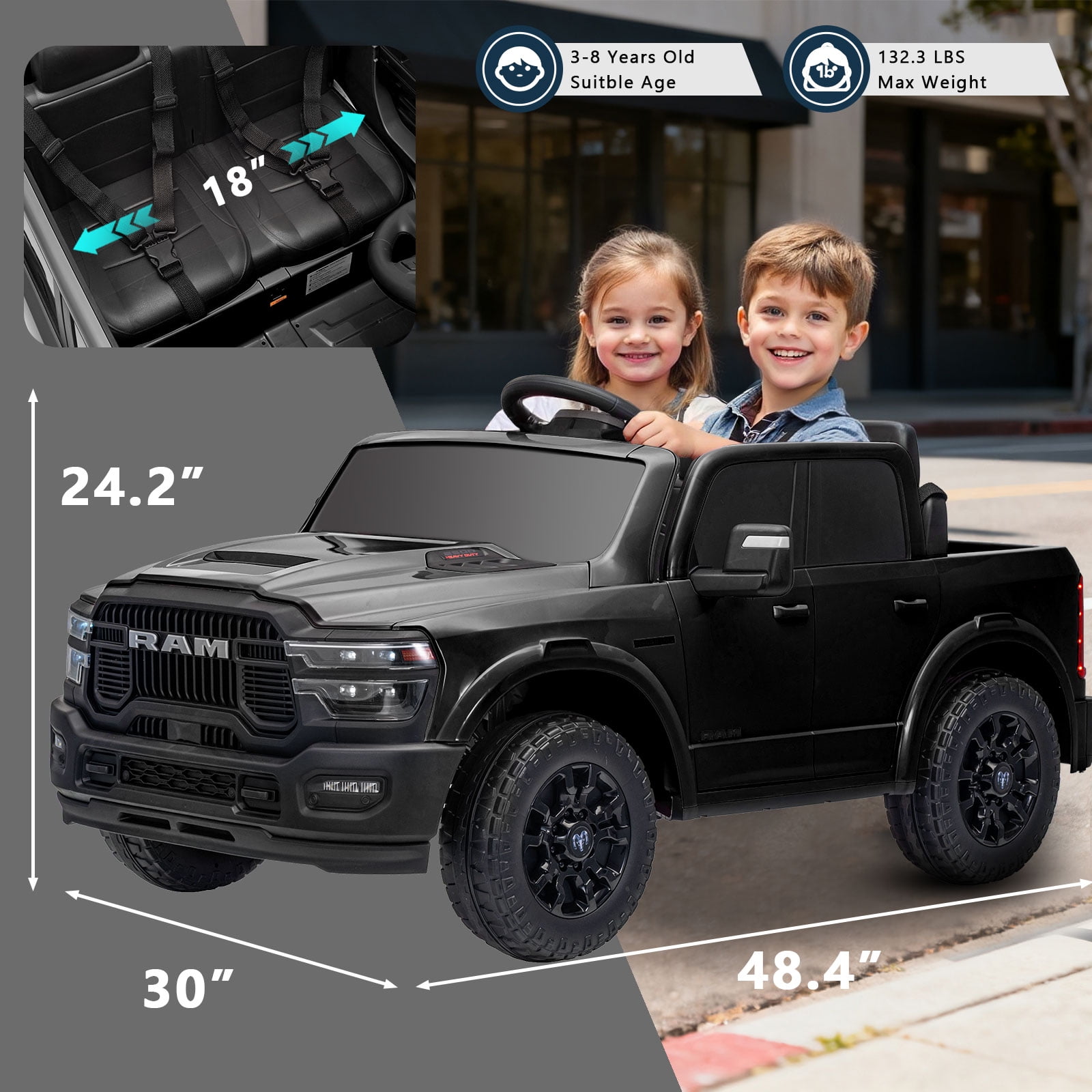 Kerry Yoo SQ7 Ride on Toys Car, 24V Truck RAM 2500 Rebel Electric Vehicle for Kids, Pickup Truck, 2 Seater, Bed Storage, Remote Control, Safety Belt, Music- Black