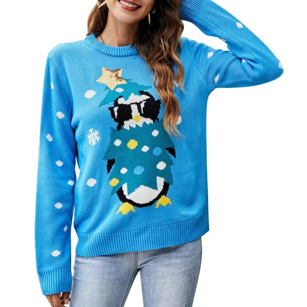 Moda mujer invierno suéter de punto pingüino cuello redondo manga larga cálido suave jersey de Abanopi Suéter de las mujeres