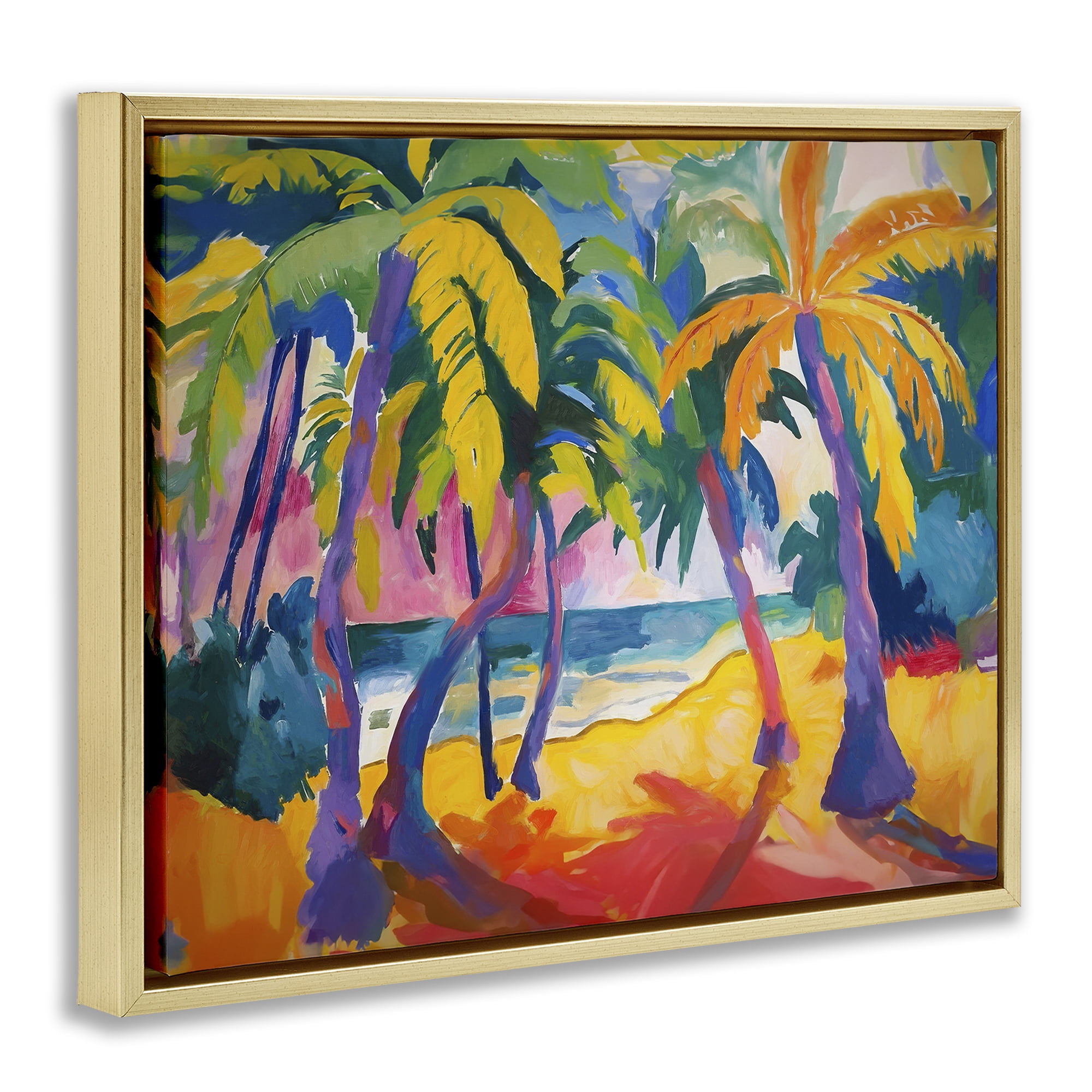Stupell Industries Tropical Palm Paradise Coastal Painting Gold Floater Framed Canvas Art Print Wall Art, 21 x 17