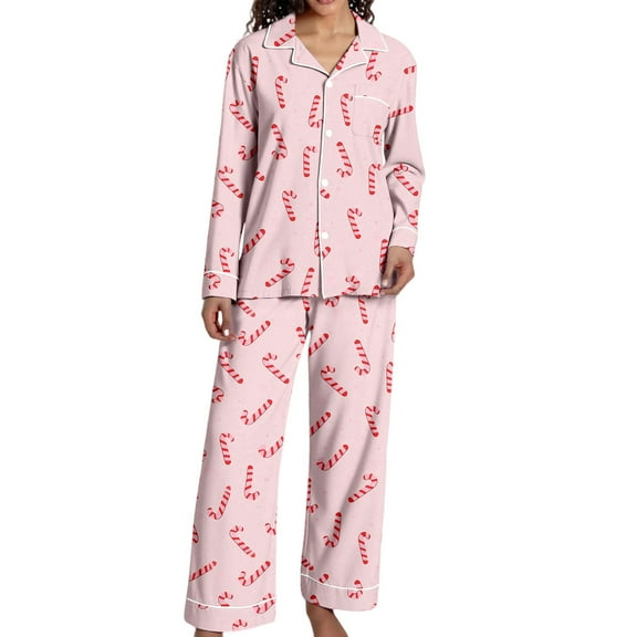HOWPAY Womens Christmas Pajamas Set Candy Graphic Casual Soft Long Sleeve Button down Shirts and Pants Loose Fit Comfy Sleepwear 2 Piece Pjs Sets Pink L