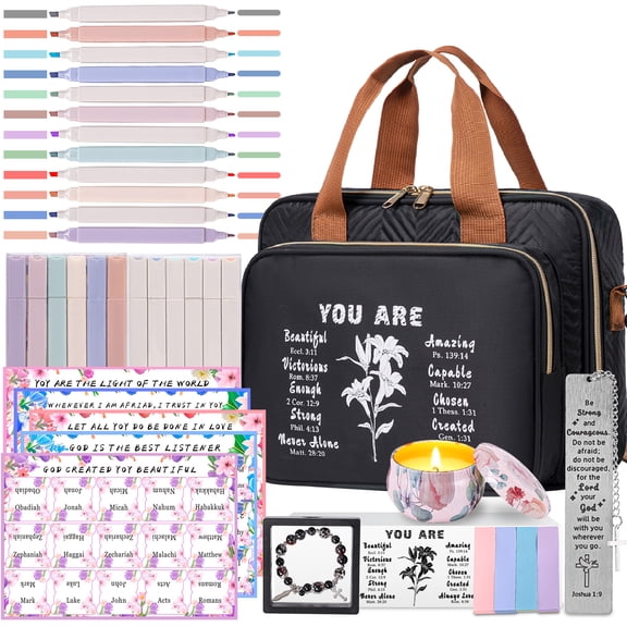 Bible Study Supplies for Women Men Journaling Kit with Carrying Cover Case Bag Tabs Highlighters Christian Catholic Spiritual Gifts Accessories Bulk with Tags Stickers Bracelets Bookmark Sticky Notes