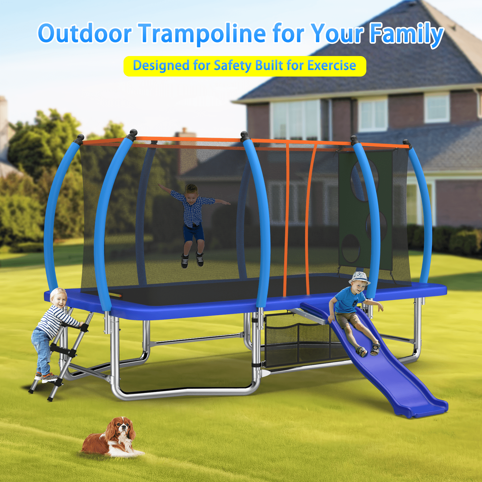 Mersco 8x14ft Large Rectangle Trampoline with Enclosure Net , Slide Outdoor Big Trampoline for Backyard,Kids Trampoline with Basketball Hoop,Birthday and Holiday Gifts for Kids,Blue