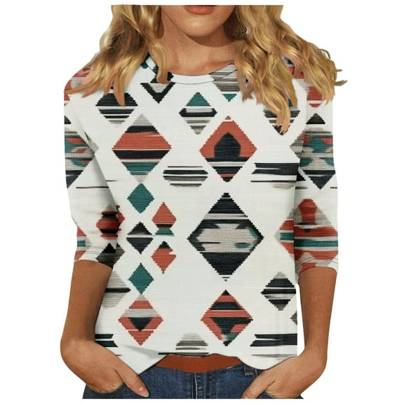 CYMMPU Geometric Printed 3/4 Sleeve Fall Trendy Shirts Round Neck Spring Tops Blouses for Women Dressy Casual T-Shirts Loose Fit Lightweight Basic Tees M