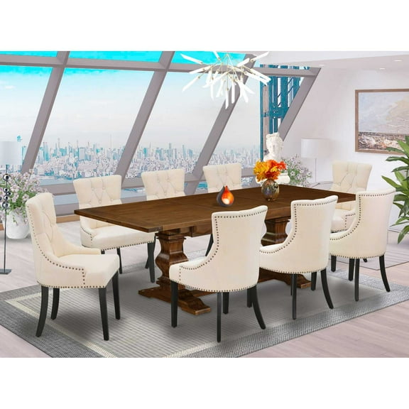 East West Furniture Lassale 9-piece Wood Dining Set in Walnut/Light Beige