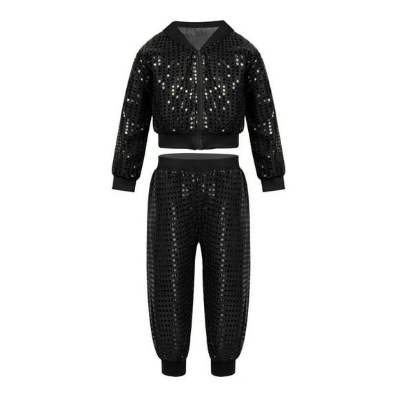 Women Pants Shiny Sequins Street Dance Outfits Hop Jazz Dance Performance Full Zipper Tops with Harem Pants Set Womens Sweatpants Black L