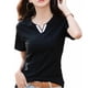 thumbnail image 3 of Camiseta de cuello en V de manga corta, corte ajustado, color puro, suave, cómoda, de algodón y poliéster, para mujer, camisetas de verano para uso diario, color negro L, 3 of 12