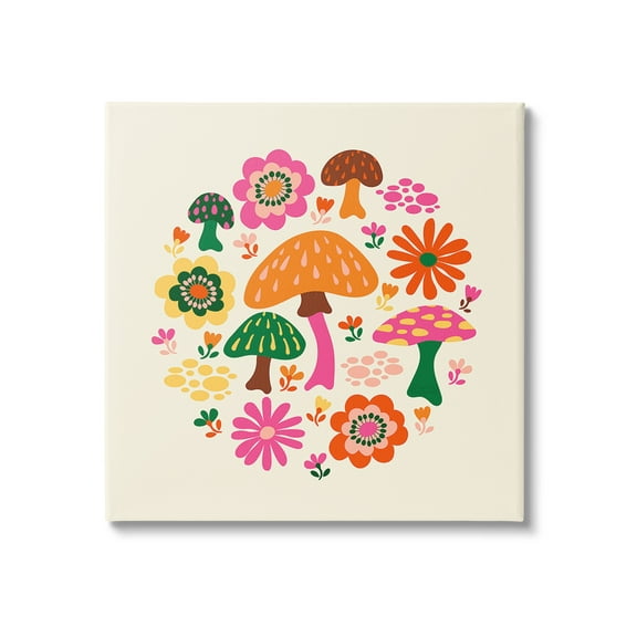 Stupell Industries Groovy Mushrooms & Daisies Botanical & Floral Painting Gallery Wrapped Canvas Art Print Wall Art, 17 x 17