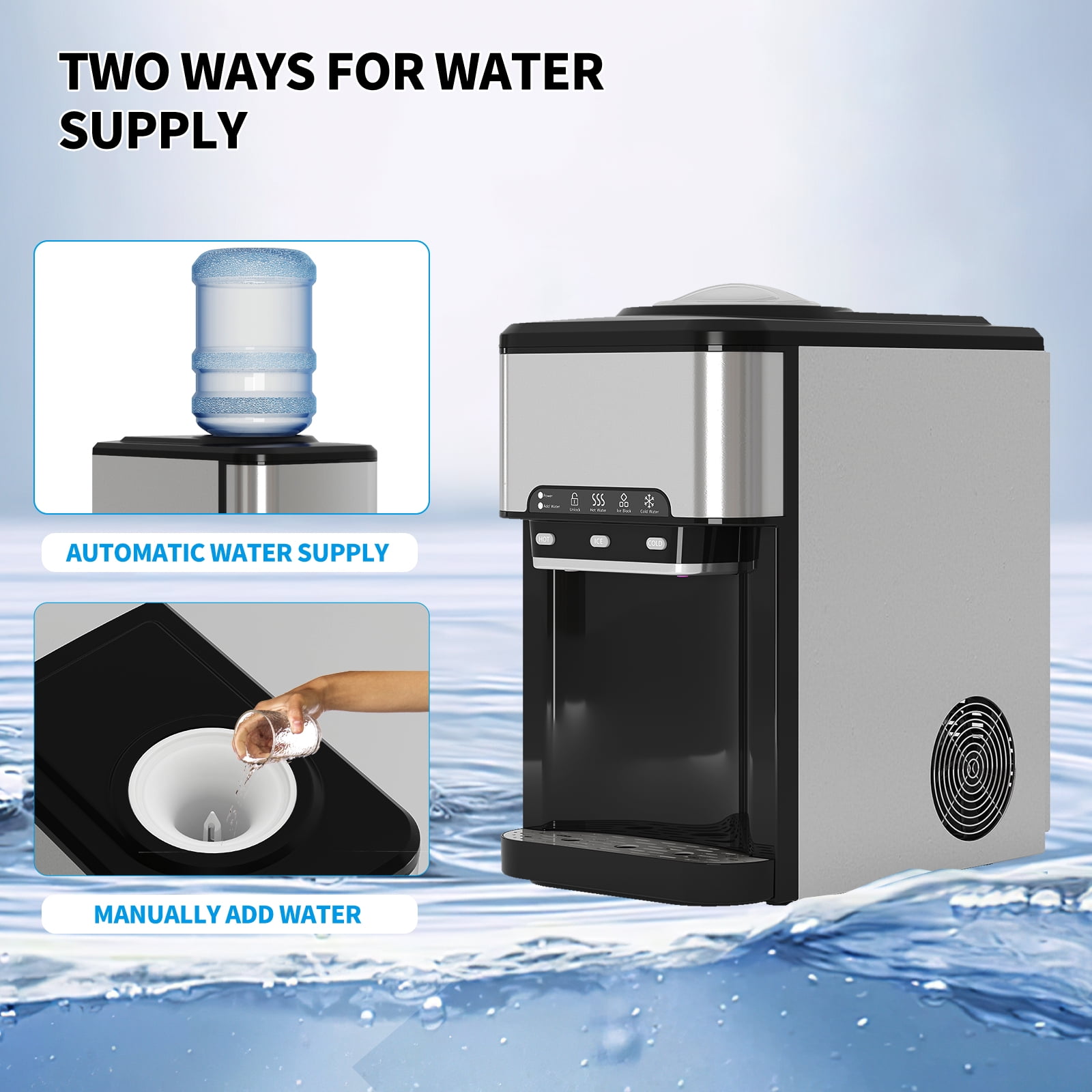TABU 3 in 1 Water Dispenser with Ice Maker, 44 LBS/24H,Cold/Hot Temperature,Child Safety Lock,Black