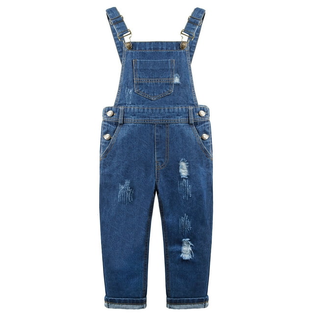KIDSCOOL SPACE Salopette en Jean Mode pour Filles, Coupe Ajustée, Trous Déchirés et Égratignés, Bleu, 13-14 Ans