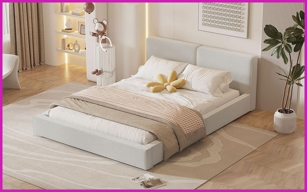 Queen Size Velvet Upholstered Platform Bed with Solid Frame, 500lbs Capacity, Beige Master Bedroom Bedframe