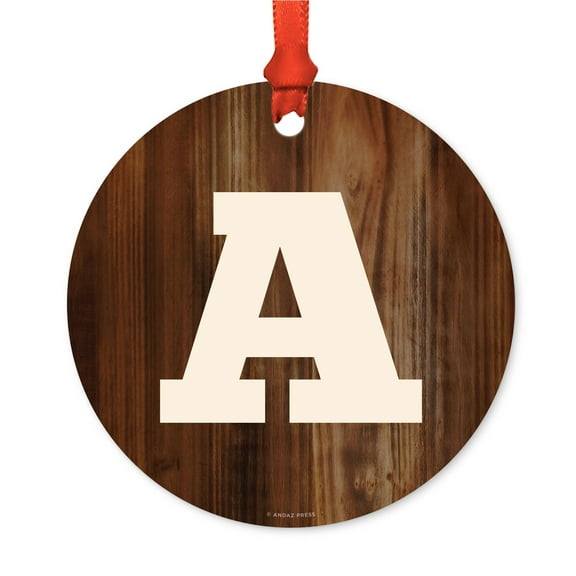 Metal Christmas Ornament, Monogram Letter A, Rustic Wood, Includes Ribbon and Gift Bag