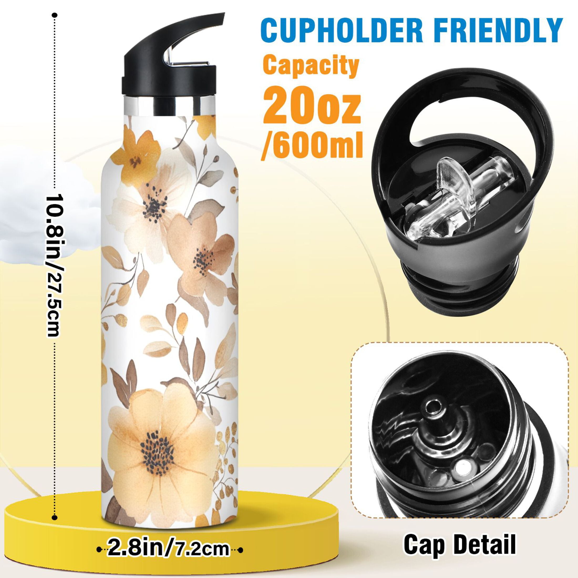 600ML Stainless Steel Insulated Cup Sports Water Bottle Portable Thermos Cup Water Glasses Insulated Tumblers Convenient and Durable Charming Golden Flowers
