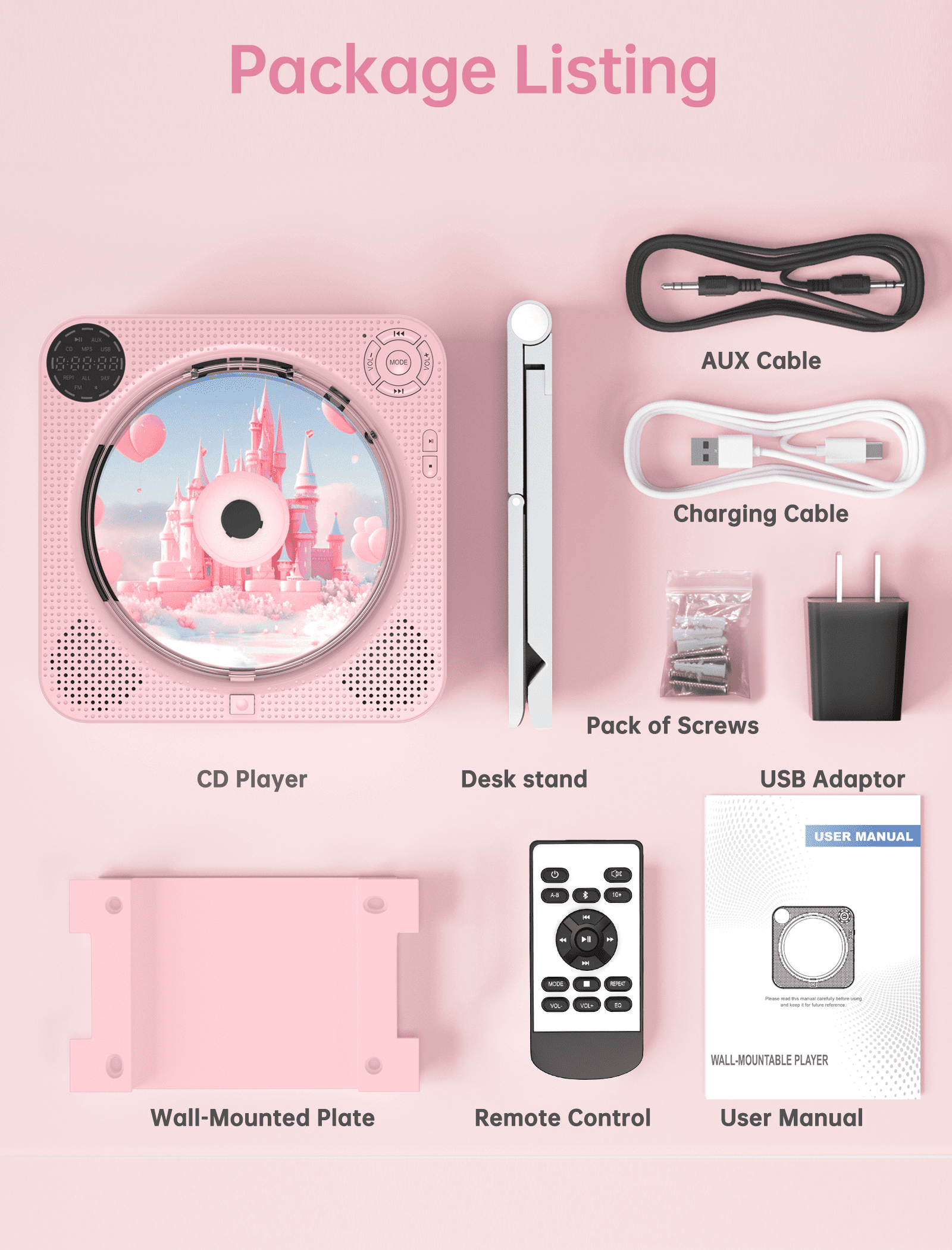 Portable Bluetooth CD Player with Speakers - Small Wall CD Player for Home with Remote Control FM Radio Digital Screen Headphone Jack,Support AUX in Cable&USB