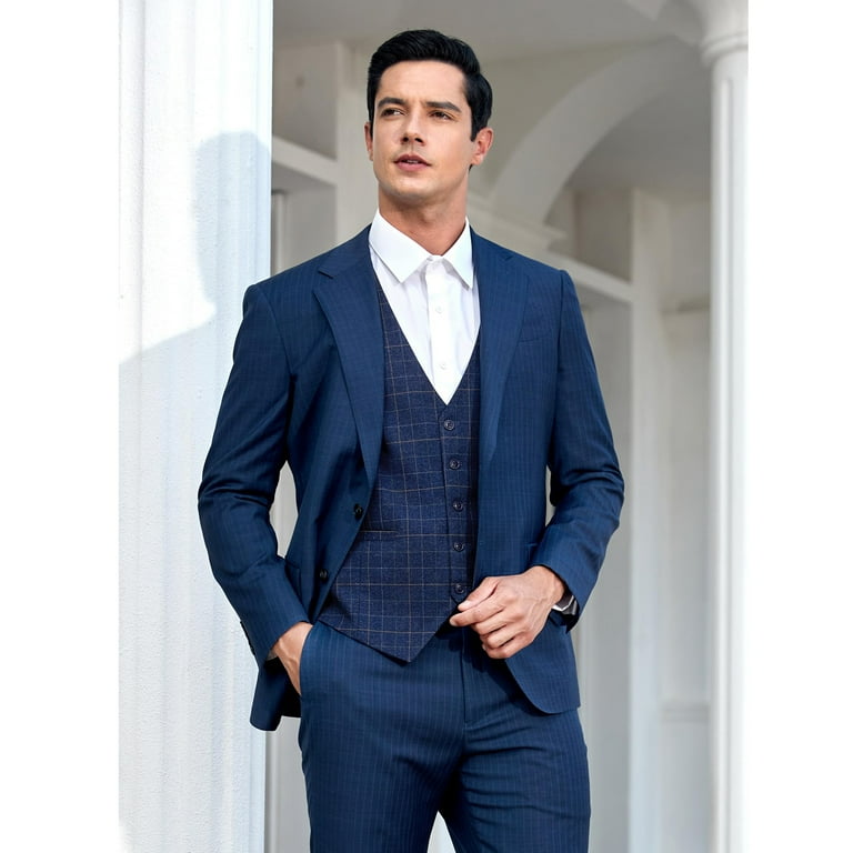 HISDERN Plaid Suit Vests for Men Formal Dress Vest Business Navy